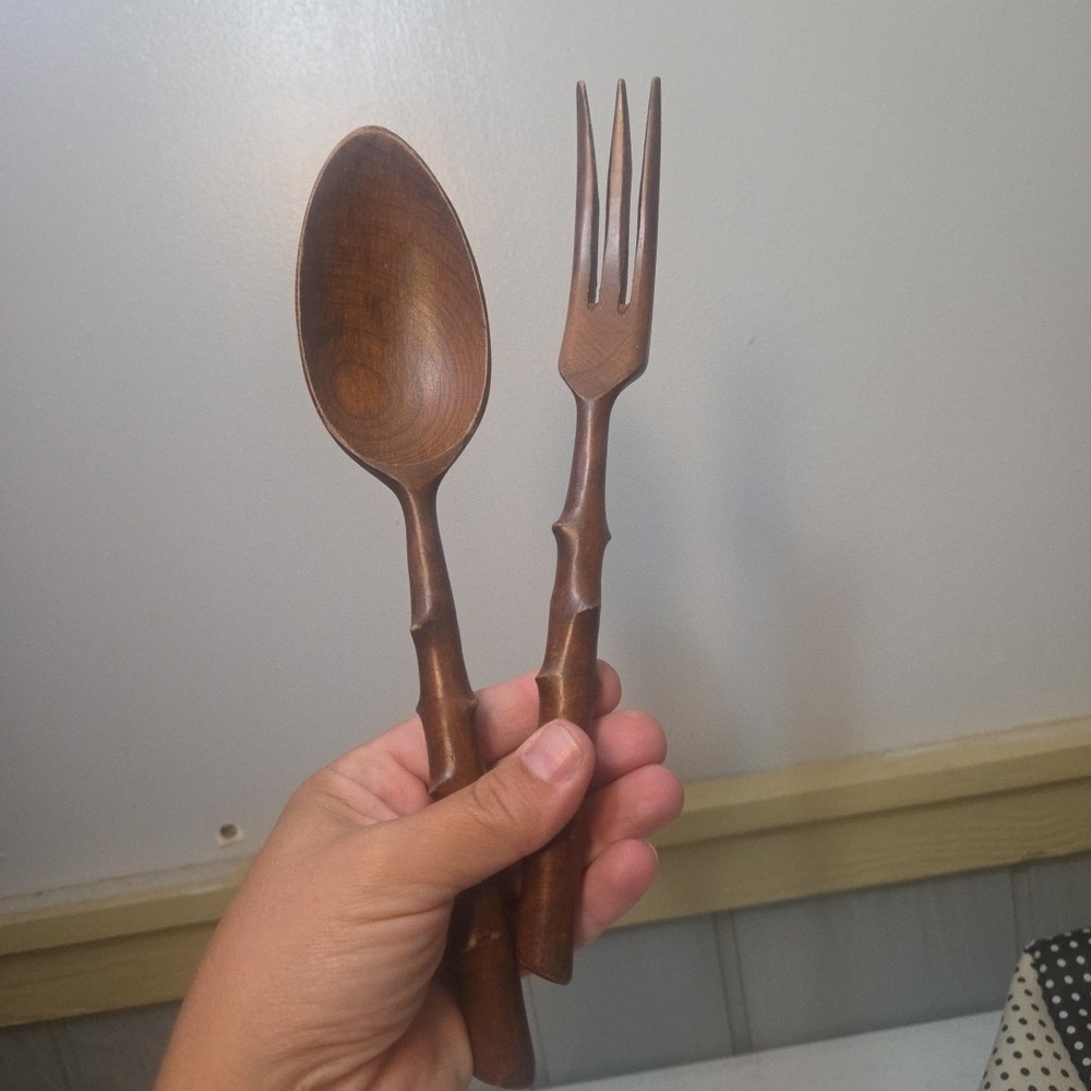 Vintage Baribocraft Salad Servers Handmade Wood Fork Spoon Canada MCM Primitive